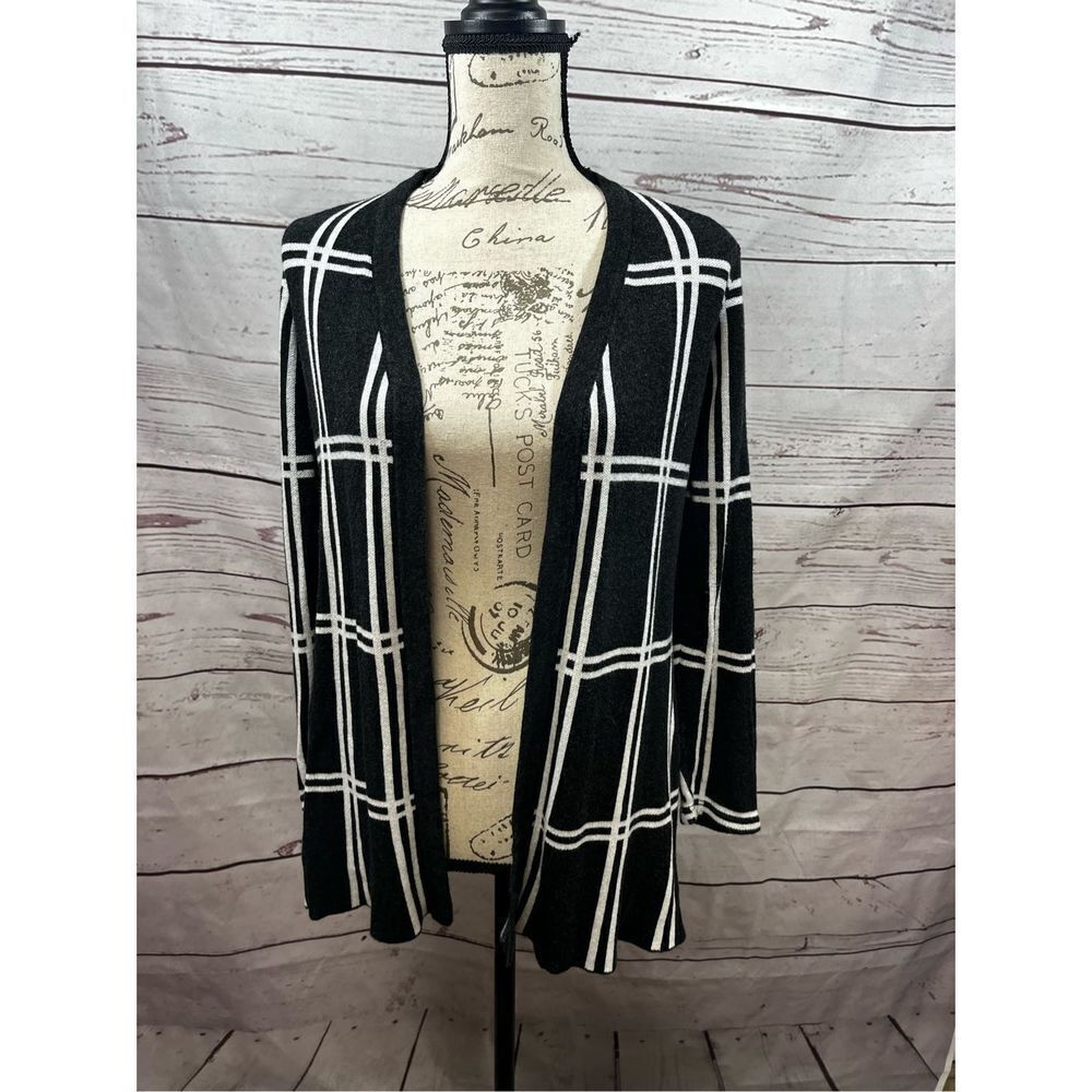 Bellini Women's Plaid Open Front Cardigan Sweater‎ Charcoal White Size M